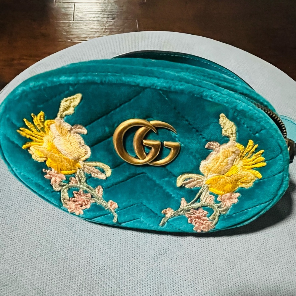 Authentic Gucci Blue and Yellow Mini Bag with Floral Embellishments. Like new.